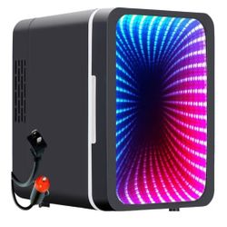 Mini Fridge, 6 Cans Small Refrigerator with Dimmable LED Light & Mirror Door, Portable Thermoelectric Cooler/Warmer for Bedroom, Office, Car and Gamin