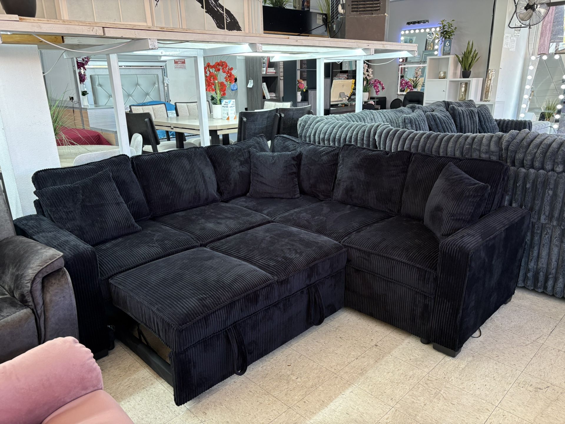 Corduroy Sectional Black Color NEW pullout Bed
