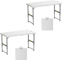 B120 $65  4ft Portable Folding Table, One-Handed Height Adjustment, 4 Heights, Gravity Lock, Carry Handle, Indoor Outdoor Heavy Duty Fold-in-Half Util