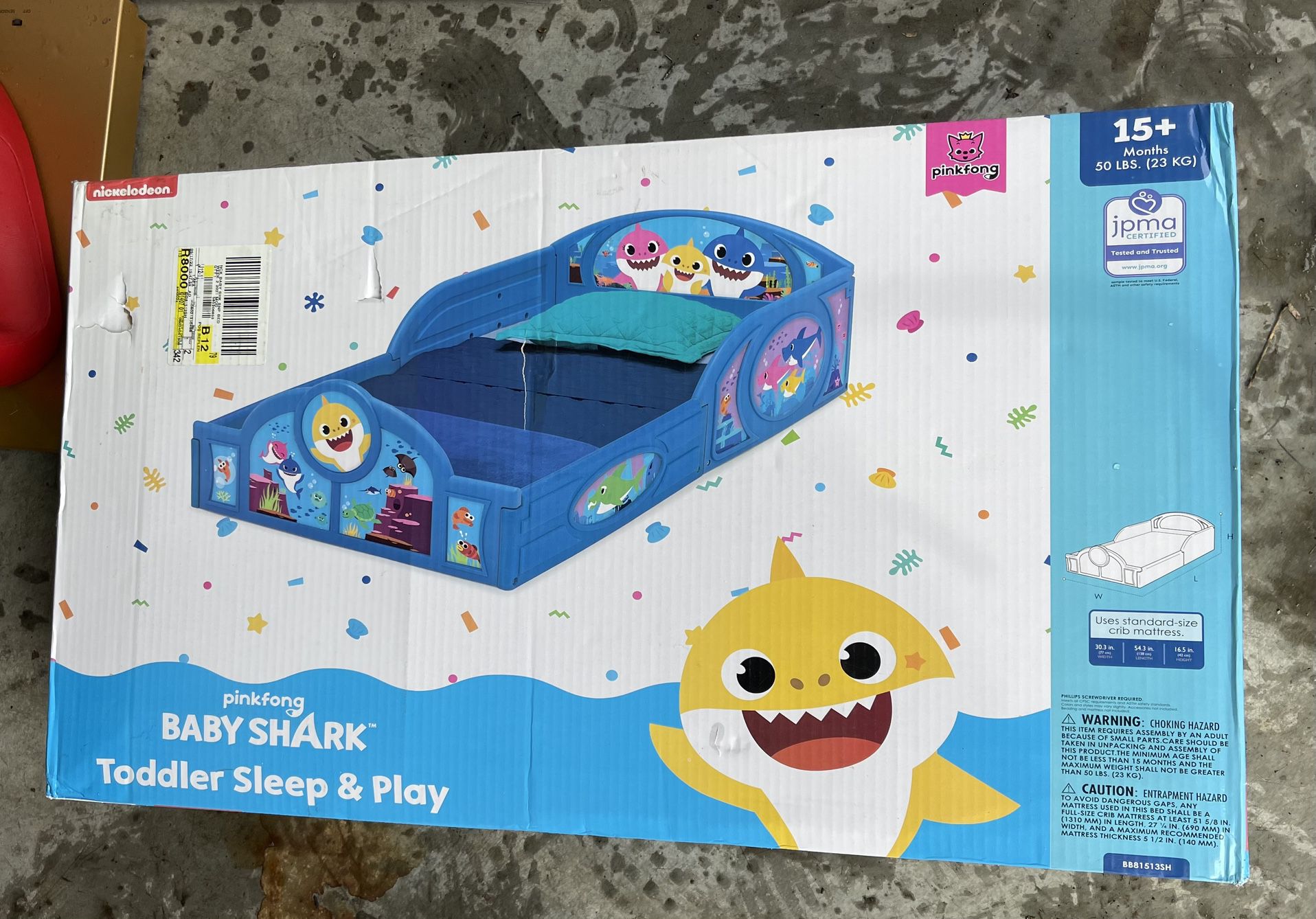 Baby shark plastic sleep & play plastic toddler bed with attached guardrails 