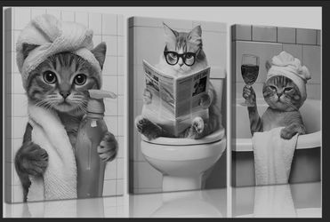 ZUGHRERF Black and White Cat Bathroom Canvas Wall Art Funny Cute Animal Poster Prints Artwork Pictures Humor Animals Paintings for Lavatory Restroom T