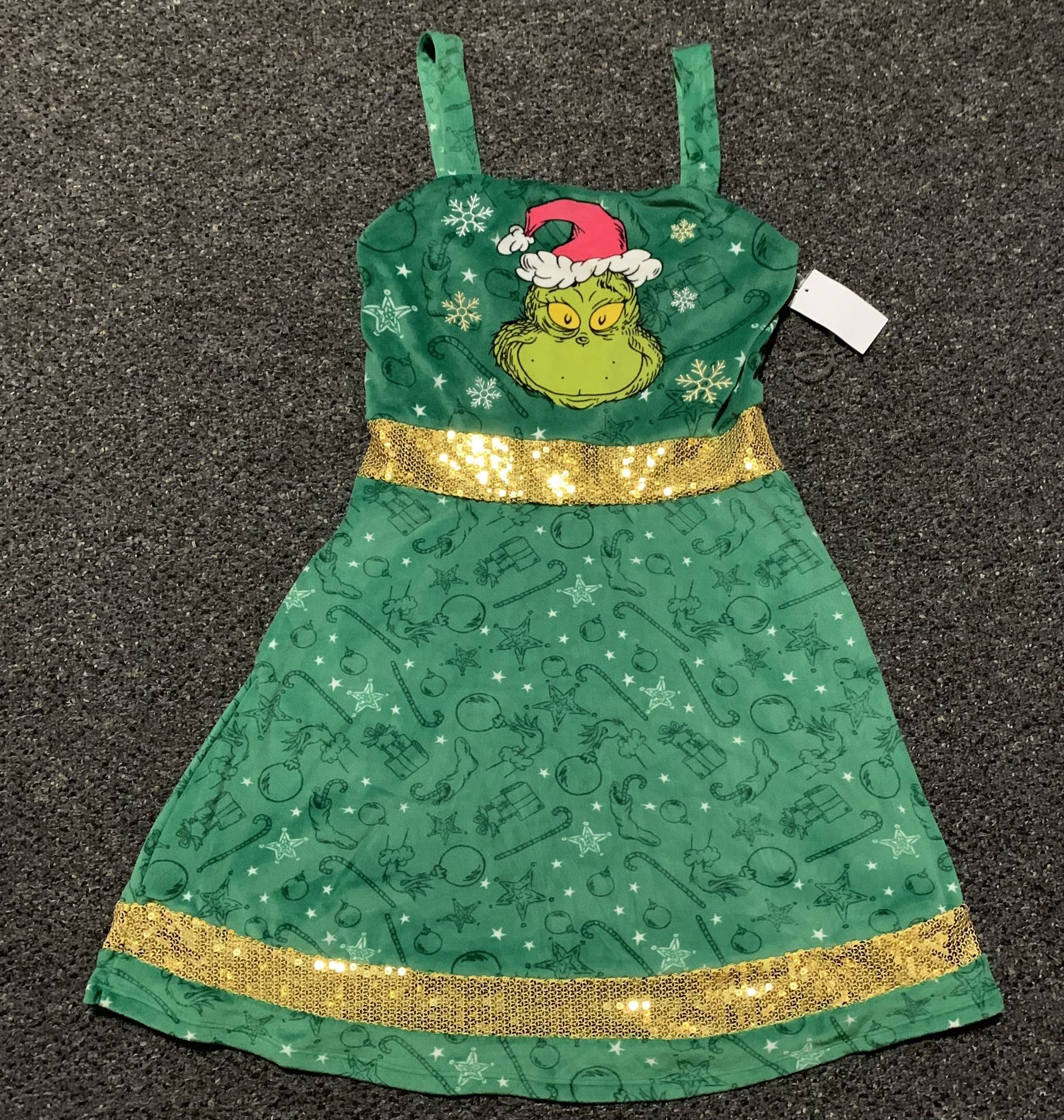 New girls size XS (0/2) Or Small (4/6) the Grinch fleece and gold sparkly sequin trimmed dress with embroidered snowflakes
