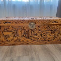Carved Camphorwood Chest with Oriental Fish and Harbor Lighthouse