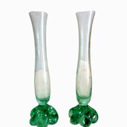 Vintage Clear And Emerald Green Glass Bud Vases 