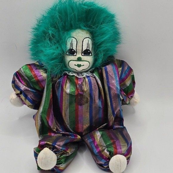 Q Tee Clown Shelf Sitter Hand Painted Hand Made Green Hair Striped Outfit Vtg