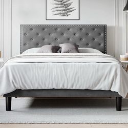 Full Size Bed Frame, Velvet Upholstered Platform Bed with Adjustable Diamond Button Tufted & Nailhead Trim Headboard, Light Grey