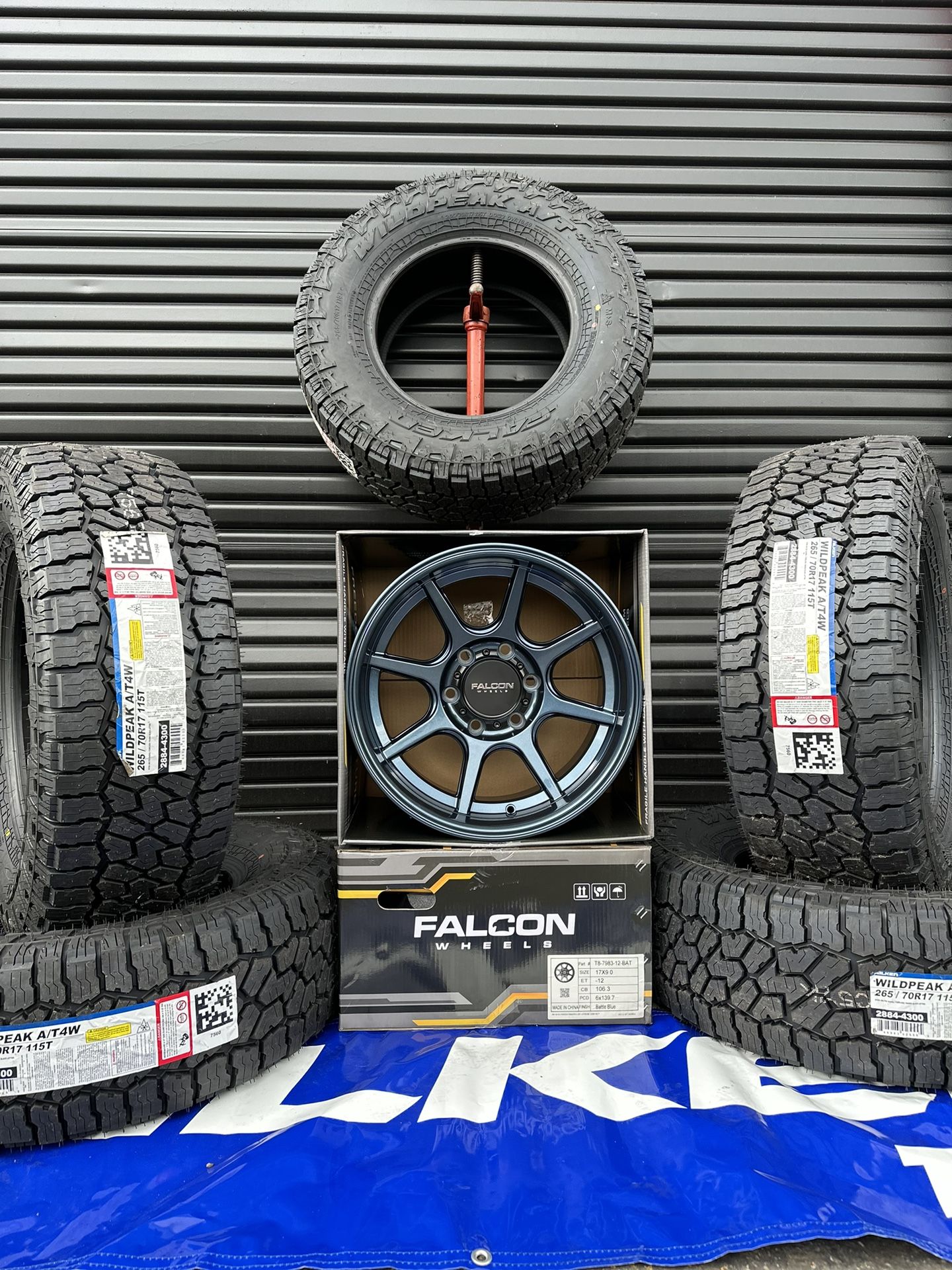 Falcon T8 Seeker in Battle Blue 17 inch wheel and tire package with Falken Wildpeak AT4W 265/70/17 4 new wheels and tires 4 llantas y rines nuevas