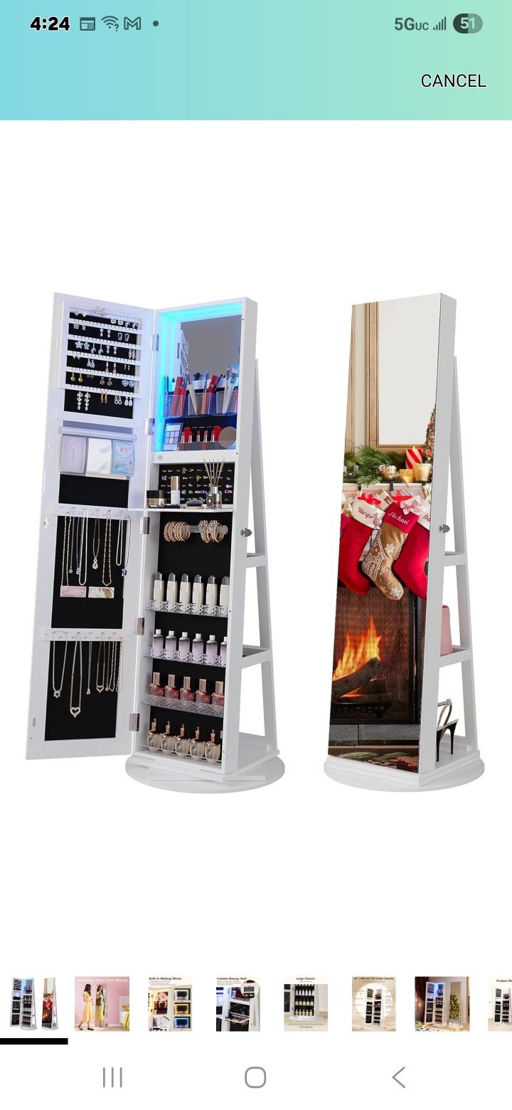 Full Length Mirror with Storage, 61" Mirror Jewelry Cabinet Standing, Rotating Jewelry Mirror Organizer Full Length, Lockable Jewelry Armoires with Ve