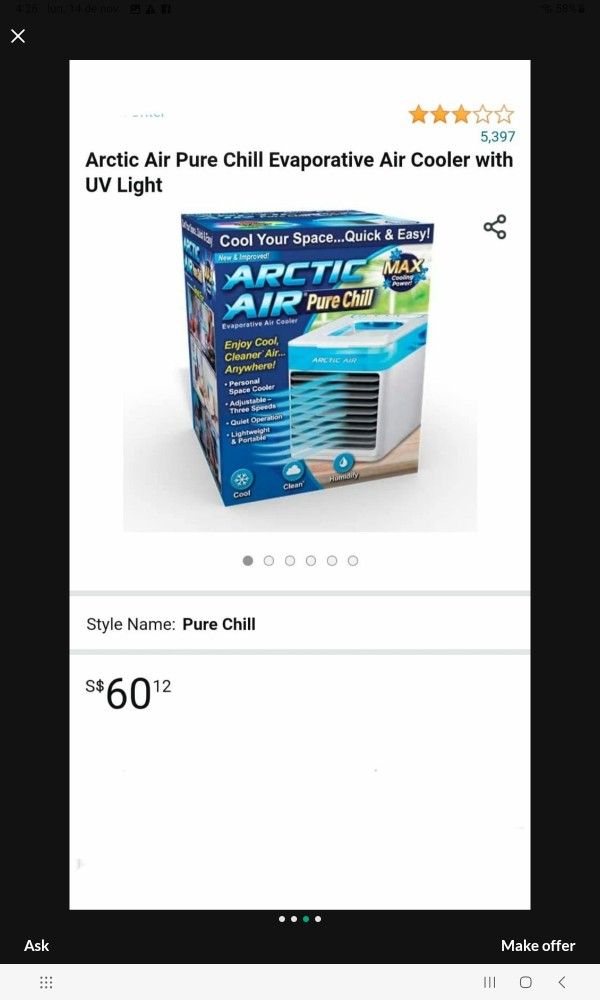 ARCTIC AIR PURE CHILL EVAPORATIVE AIR COOLER WITH UV LIGHT $25EACH ONE $25CADA UNO 