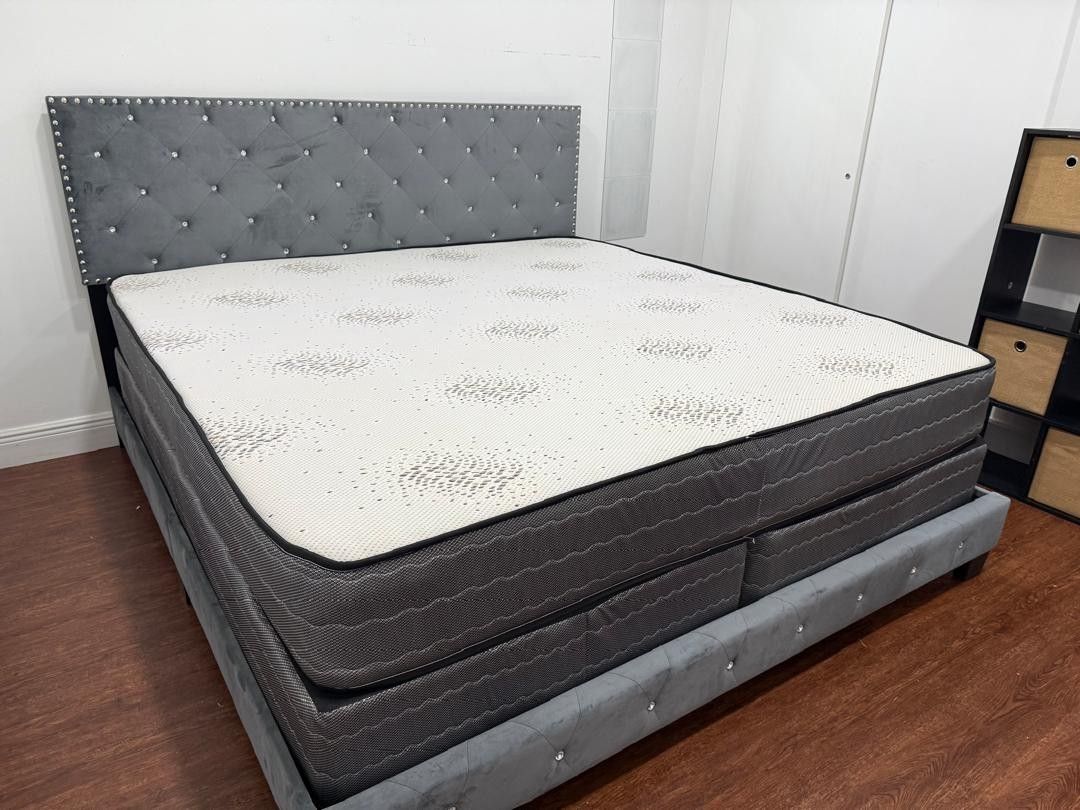 NEW BED FRAME KING SIZE WITH MATTRESS AND BOX SPRING