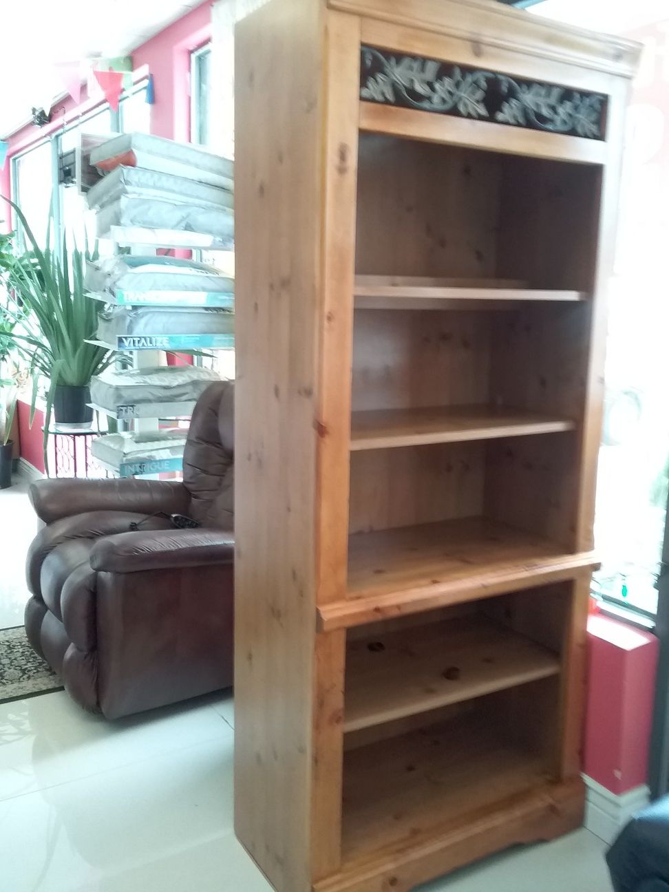 Solid wood bookcase $89. With light. Bookshelves