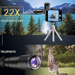 6 in 1 Phone Lens Kit - 22x Telephoto Lens, 205° Fisheye Lens, 120° Wide Angle Lens & 25X Macro Lens(Screwed Together), Compatible with iPhone,Samsung