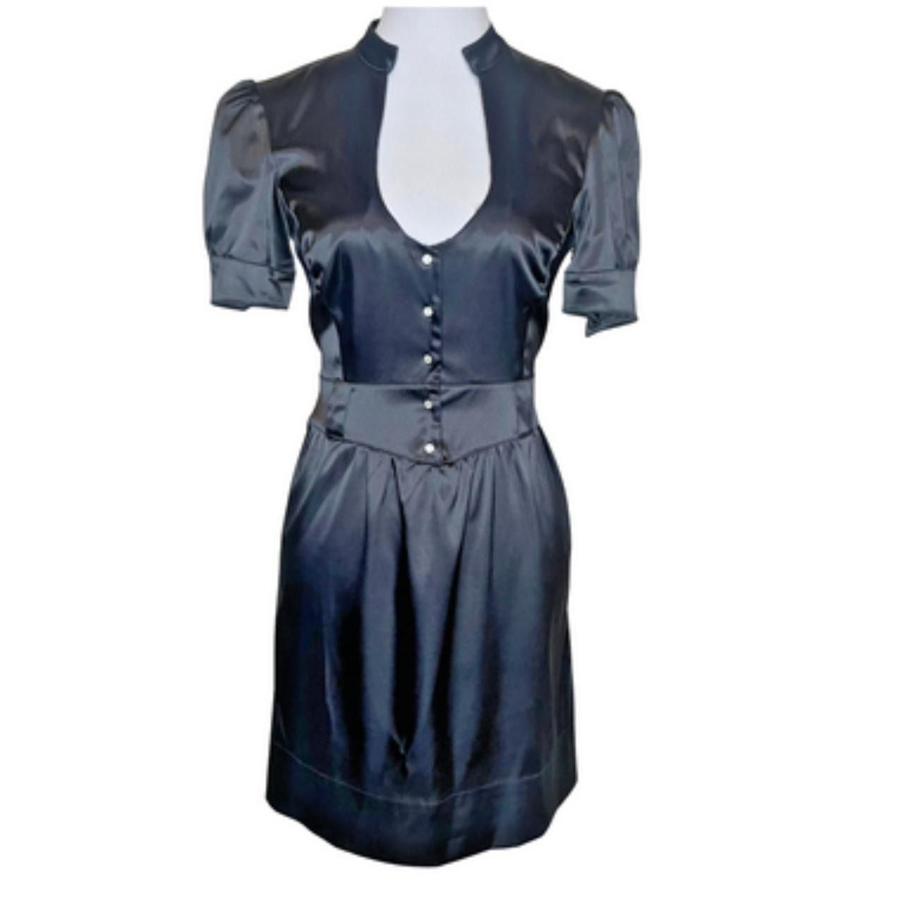 Guess Vintage Black Satin Empire Waist Mini Dress Puffed Sleeves Keyhole Neck 5