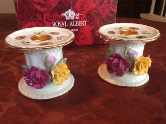 2 sets of ROYAL ALBERT OLD COUNTY ROSES candle holders Floral Pillar Taper Holder) each set has 2 for $20 each set