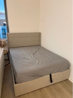 Full Size Upholstered Bed Frame w/ Hydraulic Storage, Beige
