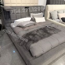 Upholstered Queen bed with cup holders grey or cream
