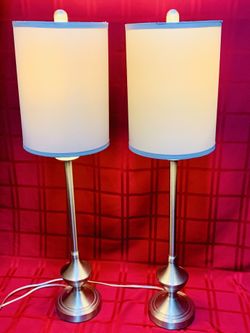 2-Modern 36”Tall Silver Metal Bedroom Nightstand Lamp w/ Lampshades(Blue/Gray) & Light Bulbs!