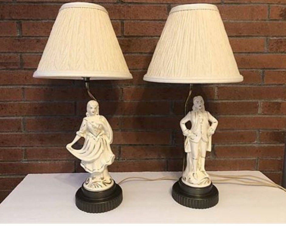 Vintage Bisque Figural Table Lamps. Colonial Male and Female Figurines