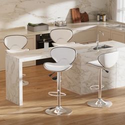 Bar Stools Set of 4 Adjustable Swivel Bar Chairs, Modern White PU Leather Counter Height Barstools with High Backrest and Footrest for Bar, Kitchen, D