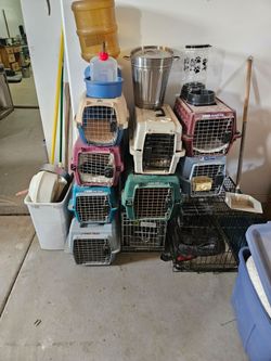 8 dog or cat Carries, 2 small cages, and lots of extras