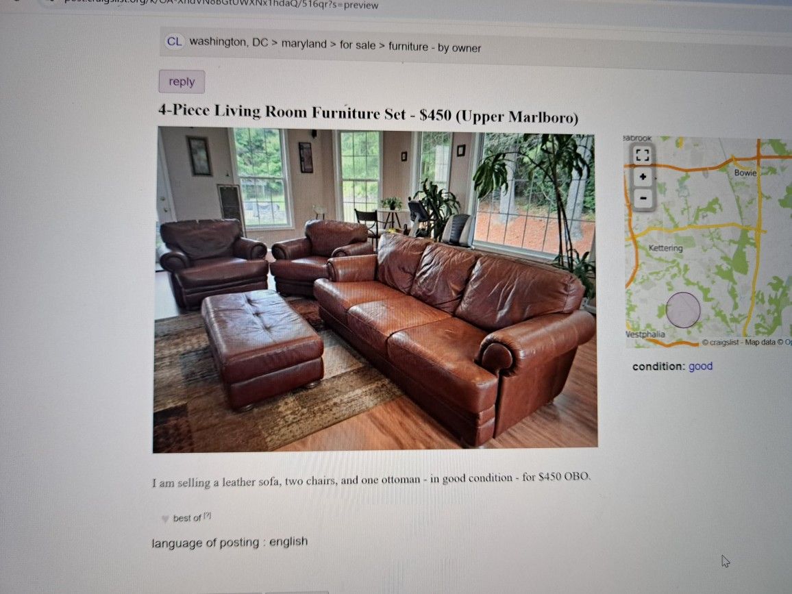 4 - Piece Brown Leather Sofa Set