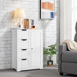 Large Bathroom Floor Cabinet with 4 Dawers and Single Door Cabinet, Freestanding Storage Cabinet Organizer for Bathroom Living Room Hallway, White, 26