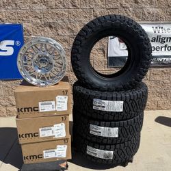 17x8.5 KMC KM555 Machined Wheels + 285/70R17 Toyo R/T Trail – 6x5.5 – Brand New – Package Deal