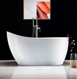 B0006，WOODBRIDGE 54" Acrylic Freestanding Bathtub Contemporary Soaking Tub with Brushed Nickel Overflow and Drain,White Tub,B0006-B/N-Drain&O