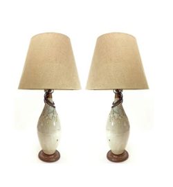 1970’s Pair Of 32” Pottery Sculptured Lamps On Walnut Base