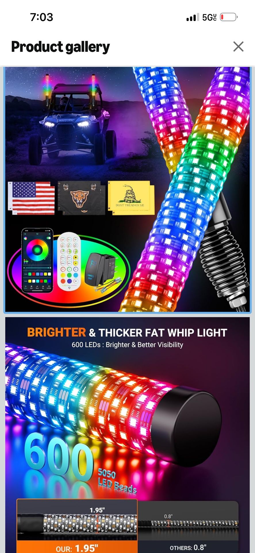 Ehaho 2PCS 2FT Fat Whip Lights for UTV ATV with Spring Base, Led Fatty Whip Light W/Rocker Switch & 6 Flags, Brighter Spiral Chasing Lighted Antenna W