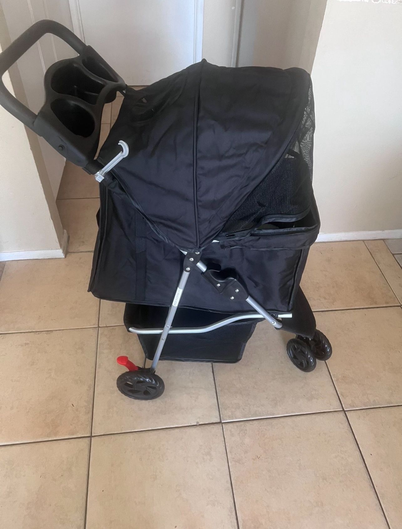 3-Wheel Dog Stroller, Pet Stroller for Small and Medium Cats and Dogs with Cup Holder and Storage Basket, Black
