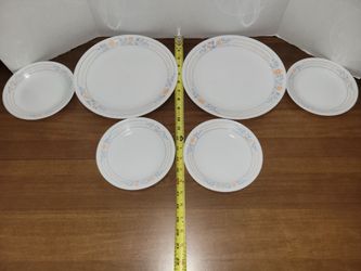 (6)2Dinner Plates 10.25"&4Corelle Apricot Grove Bread&Butter Dessert Plates Peach Flowers Gray 6.75"