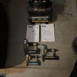 Blue Hawk 2 Gal Air Compressor with 3XNail Guns and Accessories.