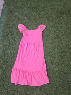 Pink Ribbed Girls Dress with Floral Sleeves