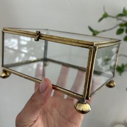 Vintage Footed Glass & Brass Display Box Curio Trinket Box Lidded Tabletop Mid Century MCM Collectible Antique 