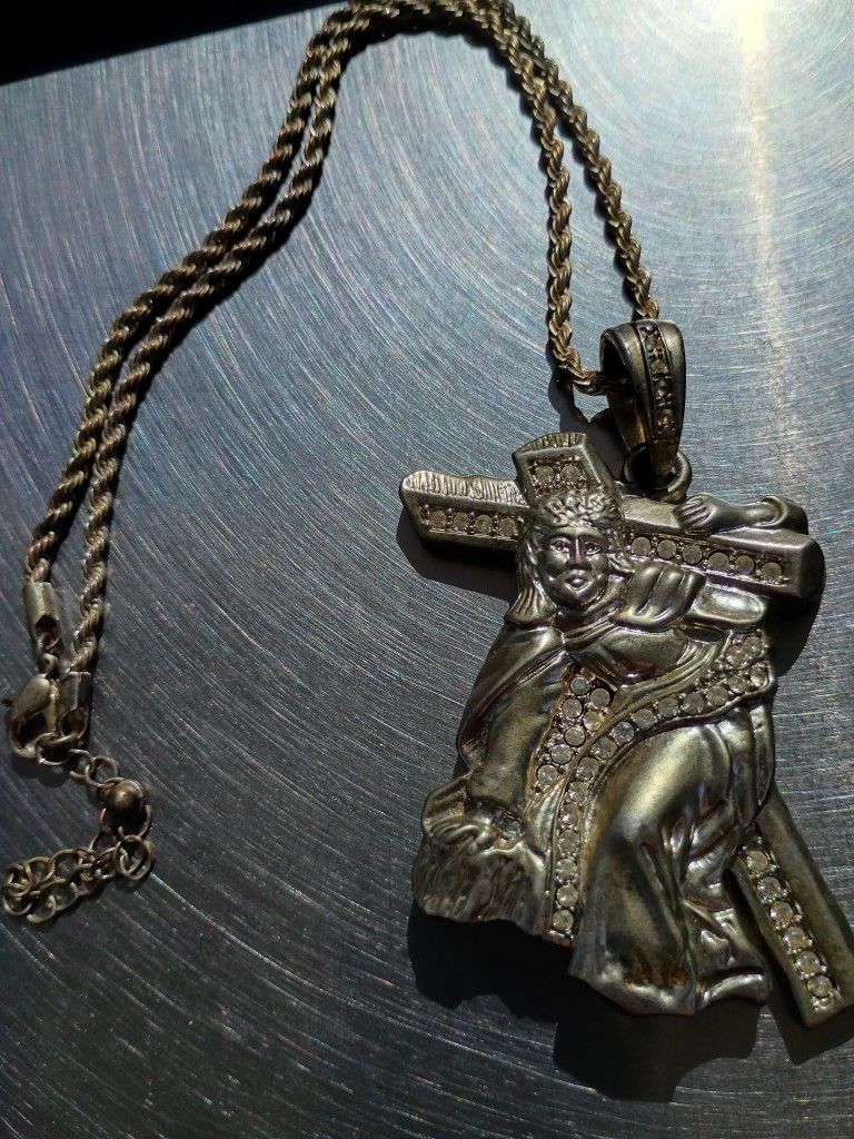 Over Size Cross And Jesus Cubic Zirconia Pendant Necklace