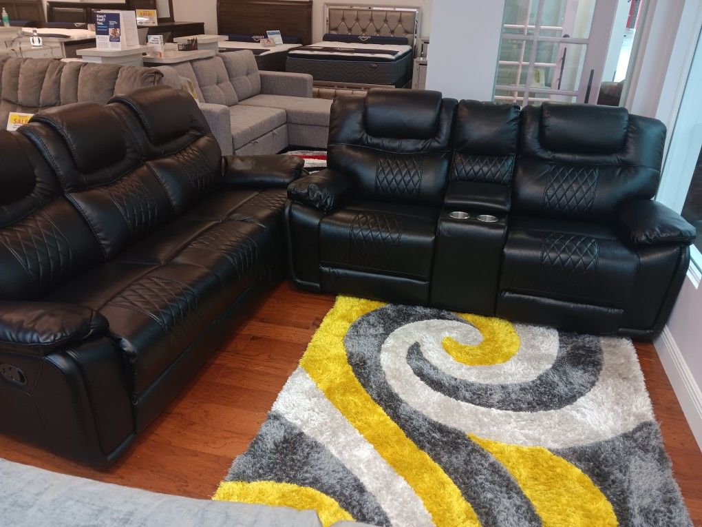 *Weekend Special!!!*---Stellar Santiago Black Leather Reclining Sofa/Loveseats Sets---Delivery And Financing😎