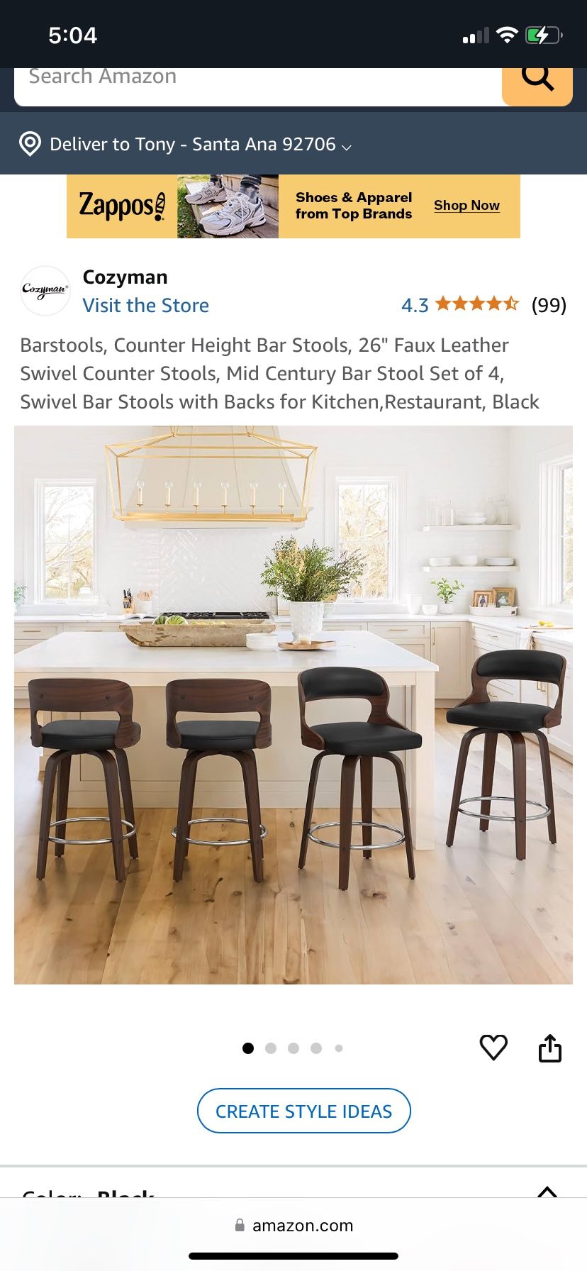 Barstools, Counter Height Bar Stools, 26" Faux Leather Swivel Counter Stools, Mid Century Bar Stool Set of 4, Swivel Bar Stools with Backs for Kitchen