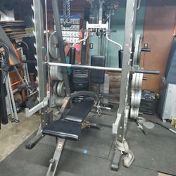 Hoist HF-985 Half Cage Smith Machine Rack  W/ Olympic Weights Plates 
