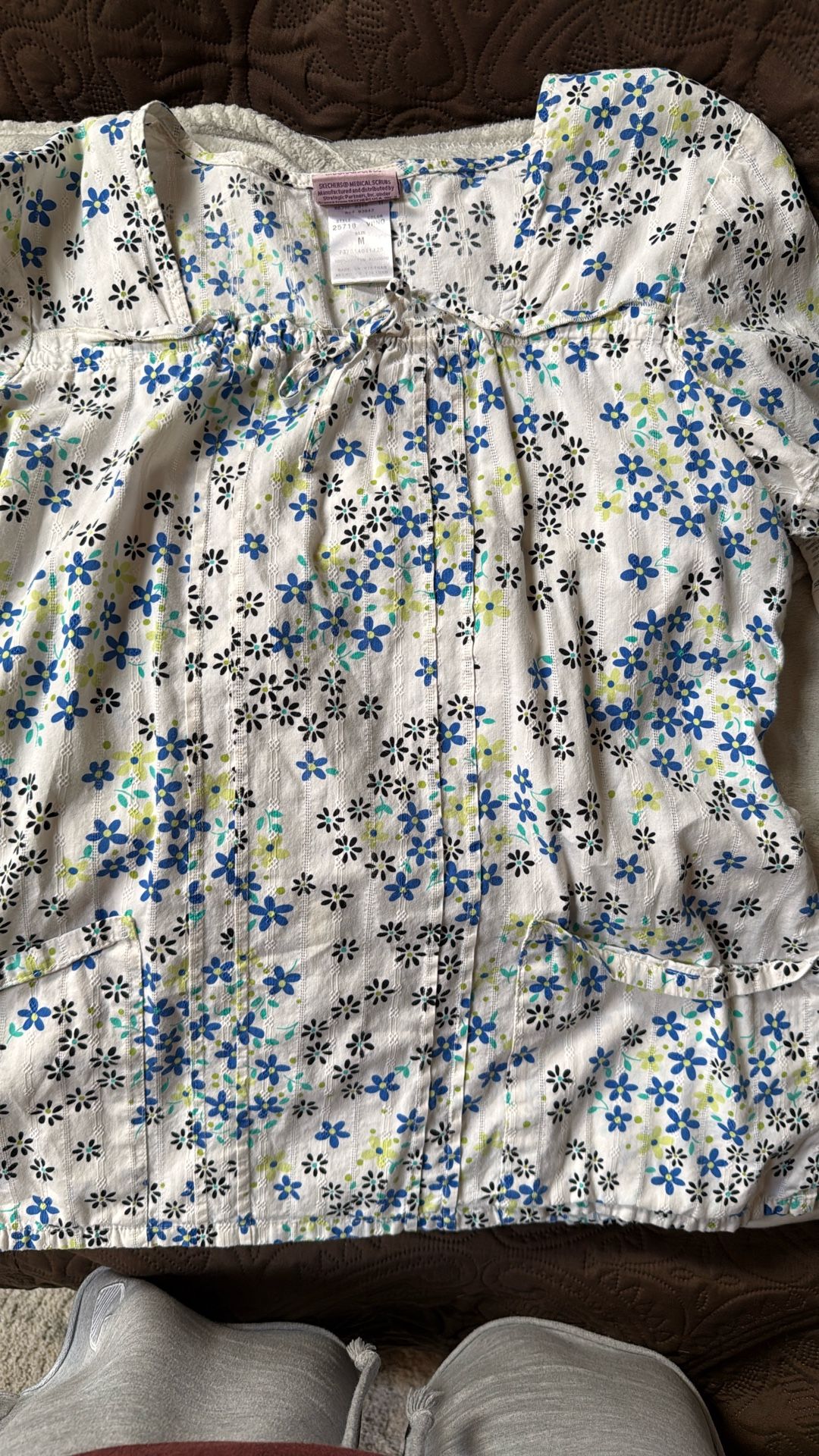 Sketchers, Black Blue Lime Green On White Flowered Scrub Shirt