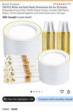 Pryntono 350-Piece White and Gold Plastic Dinnerware Set