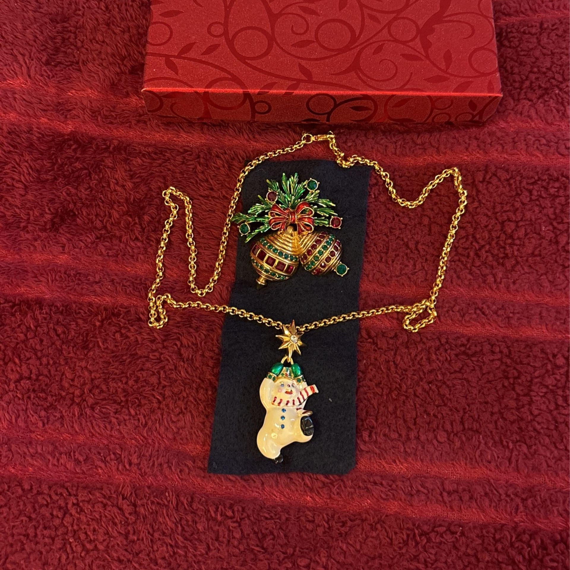 Set Of Two Vintage Christopher Radko Christmas Ornament Brooch And Snowman Necklace