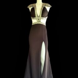 Classy Rachel Allen Black Pageant Dress with Embellished Sleeves and High Slit - Size 4 