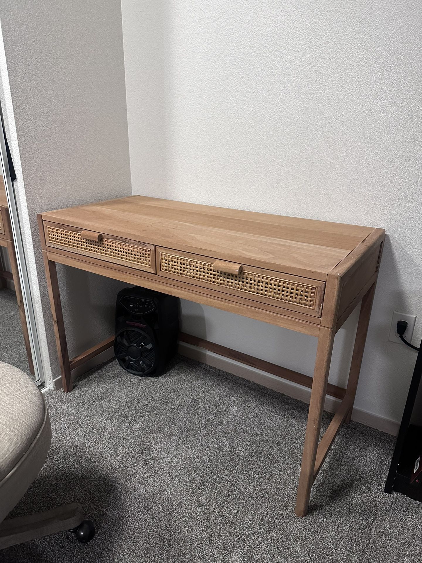 Desk With Two Drawers Wood Frame Light Brown Rattan