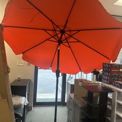 7.5 Ft Patio Umbrella Steel Market Crank and Tilt Orange Outdoor Umbrella with Base & Sands Bag