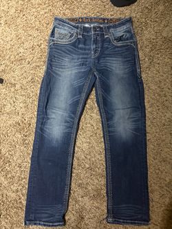Rock Revival Men’s Jeans W34 – Blue Denim, Embroidered Pockets