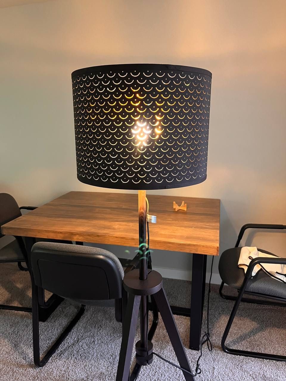 Modern Tripod Floor Lamp with Perforated Black Shadeh