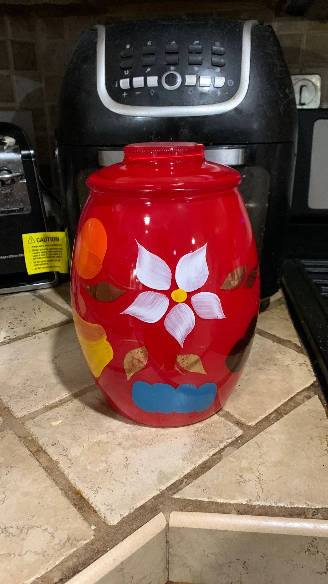 Bartlett-Collins cookie jar, red colored glass in Gay-Fad pattern of colorful fruit, flowers, leaves, 9 1/2" tall, no chips, great condition
