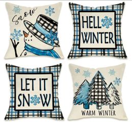 Hello Winter Snowman Decorative Throw Pillow Covers
18 x 18 Set of 4, Let It Snow Christmas Tree Blue Buffalo Plaid Outdoor Pillowcase, Snowflakes Far