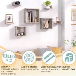 Wall Mounted Floating Shelves Set of 7 – 3 Square Shelves & 4 L-Shaped Shelves, Rustic Wall Décor - Grey 